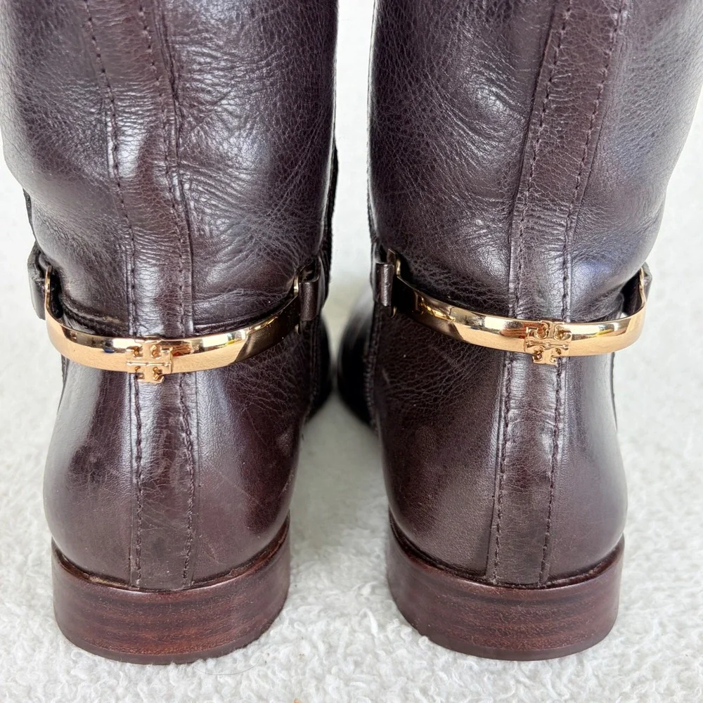 Tory Burch Jess Dark Brown Leather Knee High Riding Boots Gold‎ Horsebit 7.5M